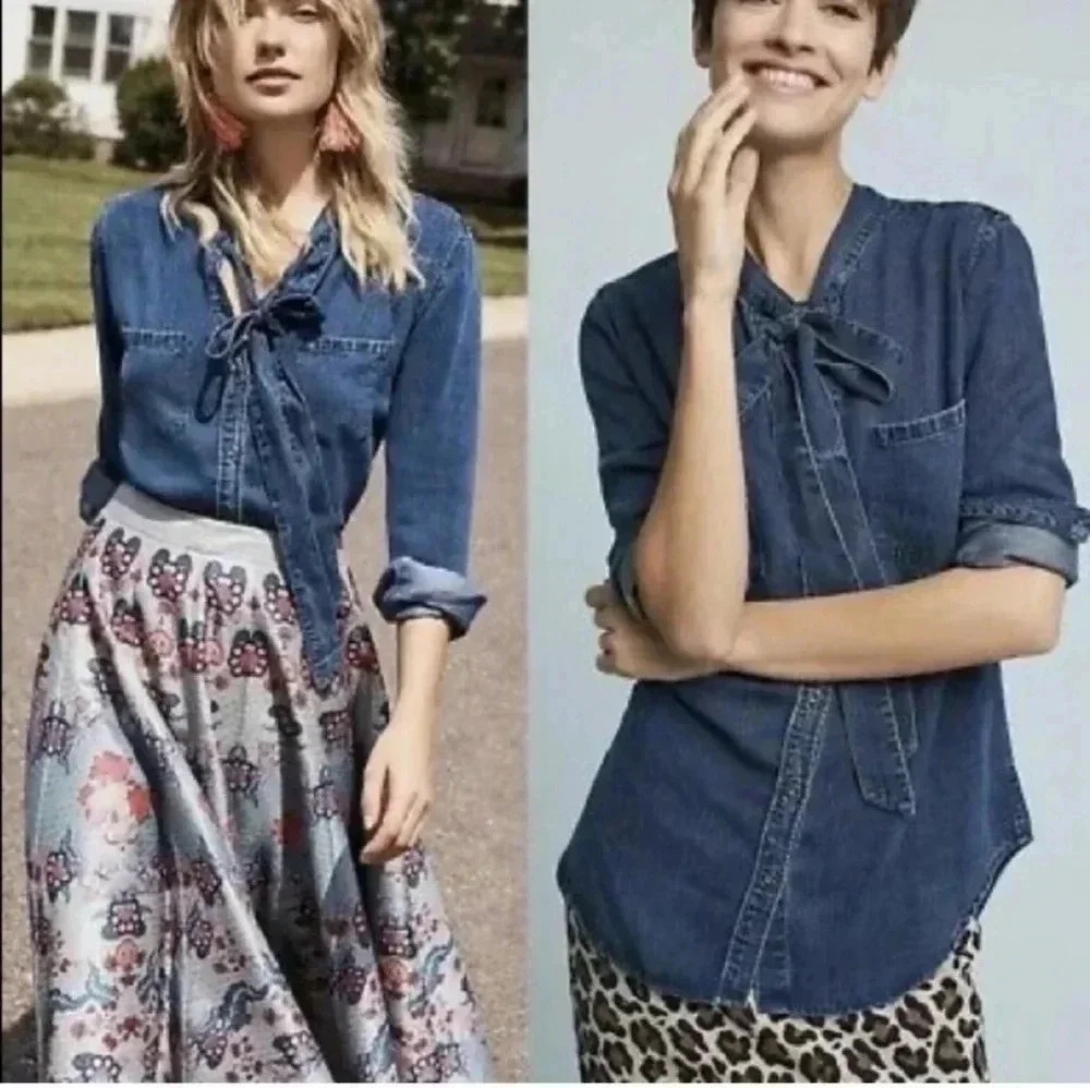 RAILS Rosalee Tie-Neck Dark Vintage Wash Chambray Button Down Shirt(XS)